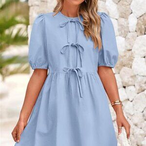 Light Blue Short Sleeve Bow Tie Front Babydoll Mini Dress with Pockets - New